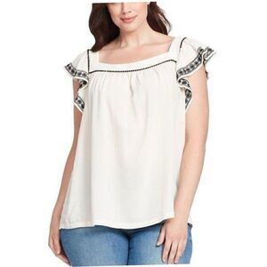 Ann Taylor LOFT White & Black Embroidered Square Neck Flutter Sleeve Top Sz 16